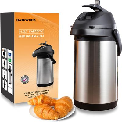 135 oz&4L Airpot Coffee Carafe Thermal for Keeping Hot,Airpot Thermal Coffee Dispenser with Pump,Double Walled Vacuum Insulated 304 Stainless Steel Beverage Dispenser Lever Action for Hot/Cold