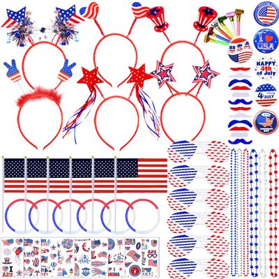 UMEELR 126Pcs Patriotic Party Supplies, 4th of July Party Accessories with Necklaces Headbands Shutter Glasses Flags Glow Sticks for 4th of July Independence Memorial Day Party Favor