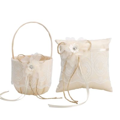 Fofetbfo Wedding Flower Girl Basket and Ring Pillow Set of 2, Champagne Satin Bow Ring Bearer Pillow and Wedding Lace Flower Girl Basket Set for Wedding Ceremony Party Decor