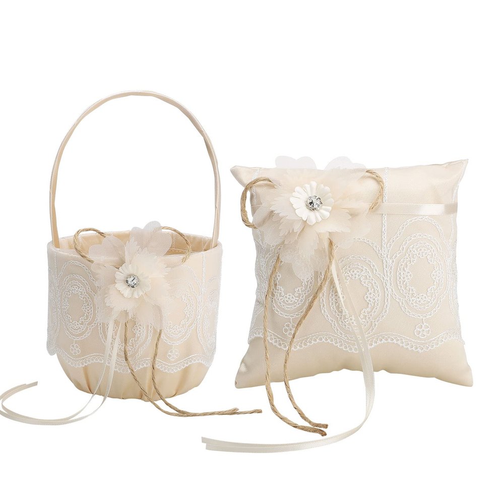 Fofetbfo Wedding Flower Girl Basket and Ring Pillow Set of 2, Champagne Satin Bow Ring Bearer Pillow and Wedding Lace Flower Girl Basket Set for Wedding Ceremony Party Decor
