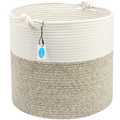 Casaphoria Natural Woven Cotton Rope Storage Basket for Organizing Towels Blanket Laundry Baskets for Bathroom,Tall Laundry Basket for Bedroom,Bicolor Round Woven Hampe with Handles for Living Room