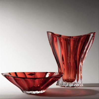 Czech Crystal Glass Set of 2-Bowl 8"-Dia+Flower Vase 12"-H Red ''Plantica'' Vintage European Design Elegant Centerpieces for Home Decor Birthday Wedding Housewarming Anniversary