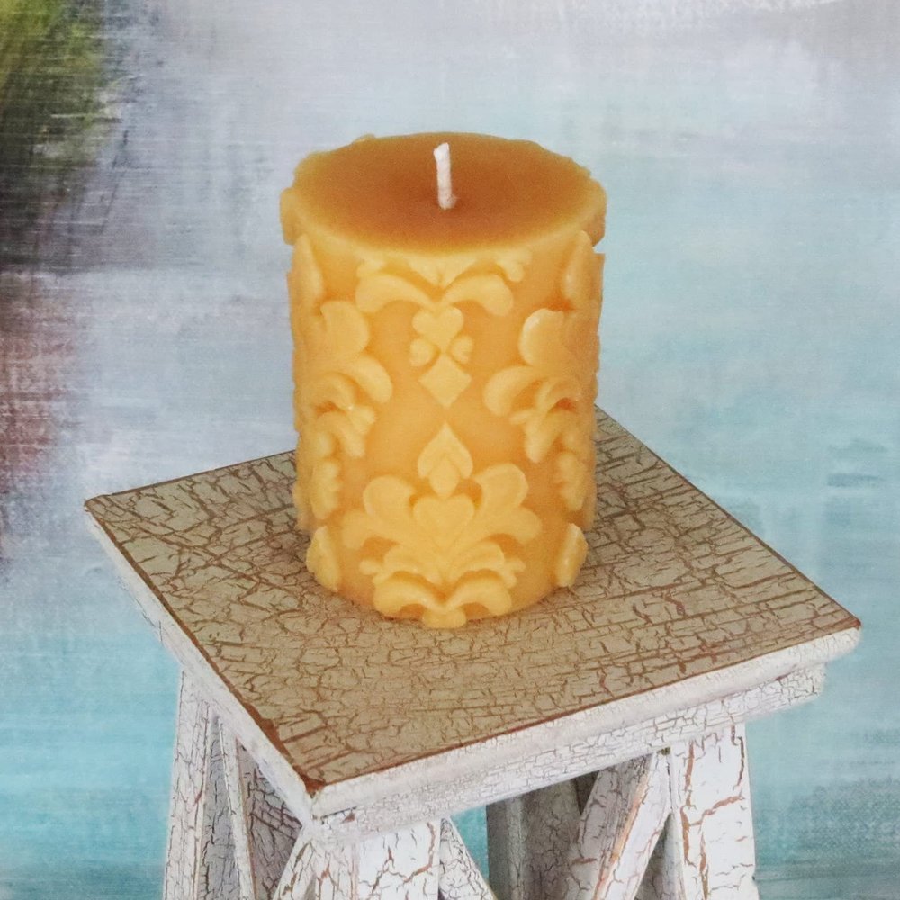 100% Beeswax Fleur De Lis Pillar Candle/Handmade USA/Pure All Natural Bees Wax/Honey Scent/French/fleur-de-lis