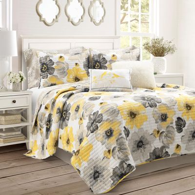 Lush Decor Leah Reversible Floral Quilt Set, 8 Piece Set, Full/ Queen, Yellow & Gray - Charming Floral Bedding Set With Pillow Cases, Decorative Throw Pillows & Bed Skirt- Large Watercolor Flowers