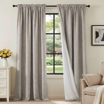 H.VERSAILTEX Linen Look 100% Blackout Curtains 95 Inches Long for Bedroom Full Light Blocking Rod Pocket Linen Textured Thick Window Curtain Drapes with White Backing, Stone, 2 Panels