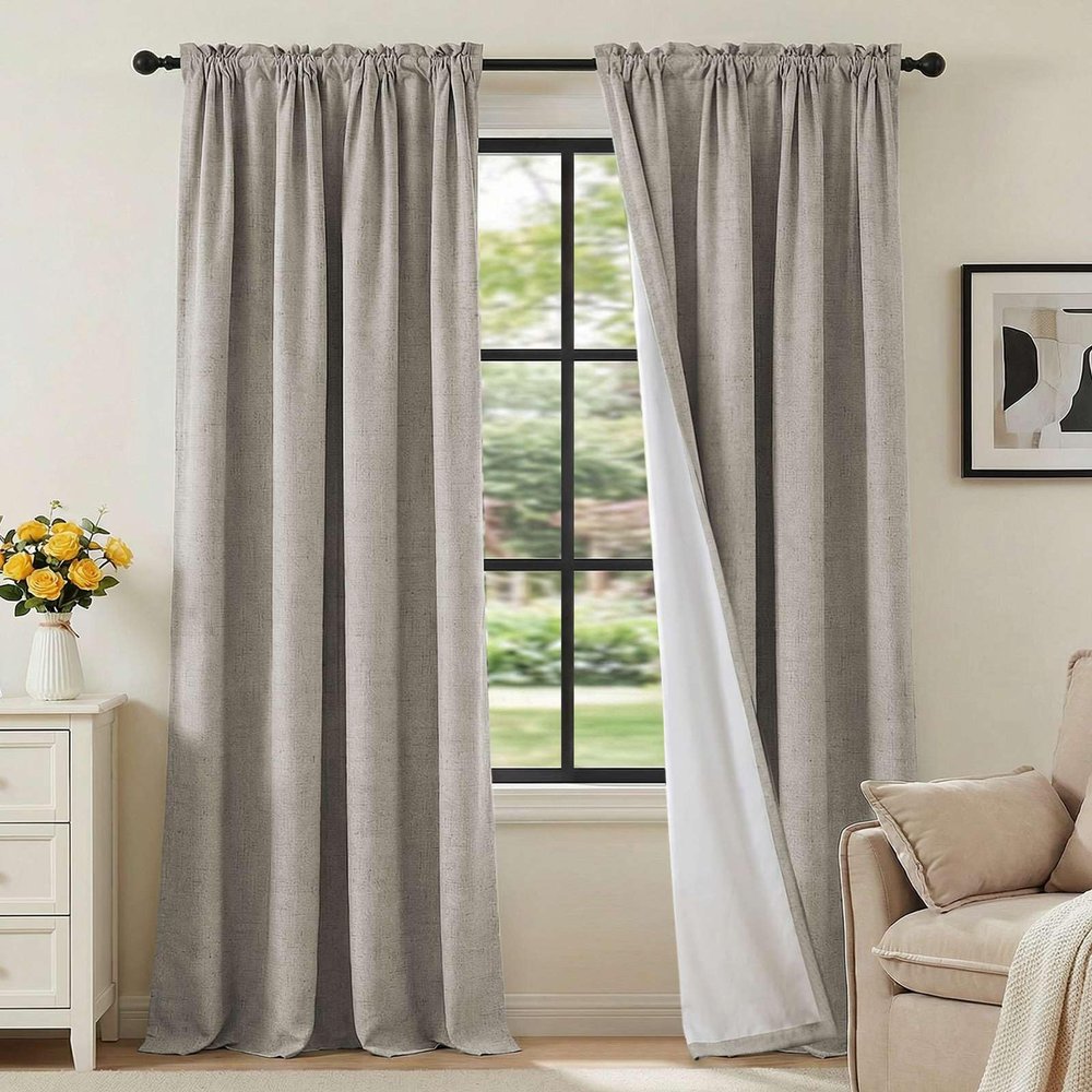 H.VERSAILTEX Linen Look 100% Blackout Curtains 95 Inches Long for Bedroom Full Light Blocking Rod Pocket Linen Textured Thick Window Curtain Drapes with White Backing, Stone, 2 Panels