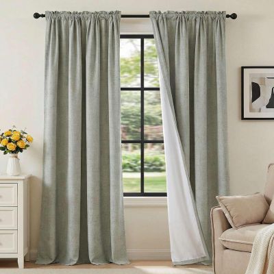 H.VERSAILTEX Linen Look 100% Blackout Curtains 95 Inches Long for Bedroom Full Light Blocking Rod Pocket Linen Textured Thick Window Curtain Drapes with White Backing, Sage, 2 Panels