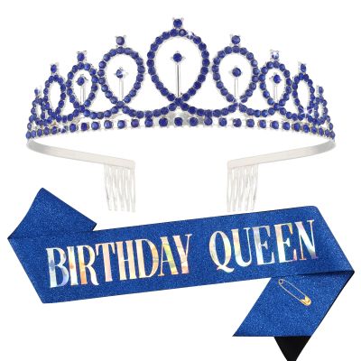 CIEHER Birthday Crown & Sash Kit - Crystal Crown and Glitter Sash for Women & Girls - Blue
