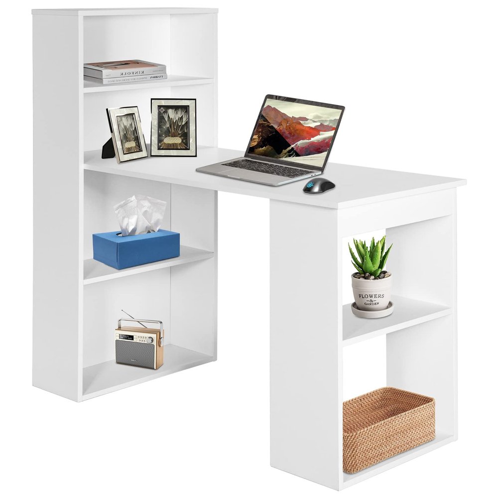 COSTWAY White Computer Desk with Shelves, 48 Study Writing Desk with 6-Tier Storage Shelves, Reversible Study Workstation w/Wide Base for Home, Office & Dorm, Easy Assembly