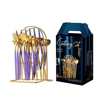Silverware Set, 24PCS Upscale Dinnerware Stainless Steel Cutlery Set Knife Fork Coffee Spoon Tableware Set With Luxury Storage Rack (Color : Purple Gold)
