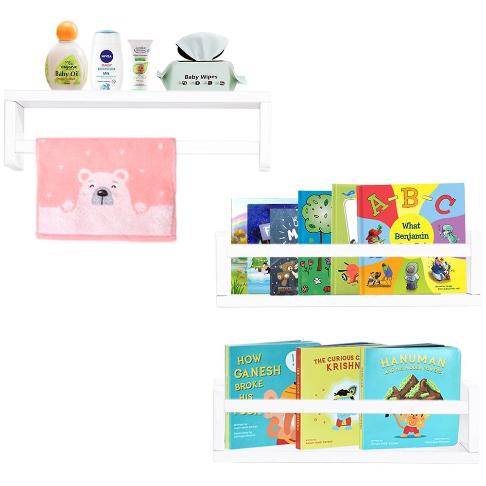AZSKY Floating Bookshelf for Kids Room White Nursery Shelves Picture Ledge Wall Shelves for Bathroom Decor Kitchen Spice Rack Book Shelf Photo Organizer for Baby Nursery Dcor 16 Inch Set of 3