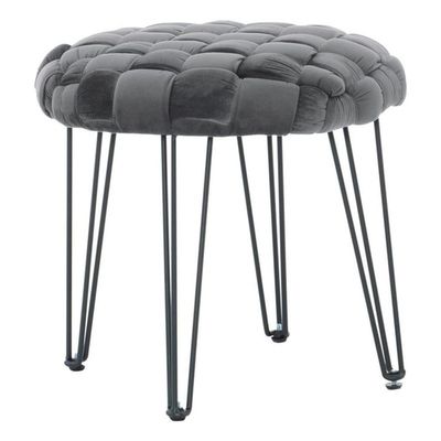Powell Linon Henson Round Stool Black Hairpin Legs Basketweave Seat in Gray