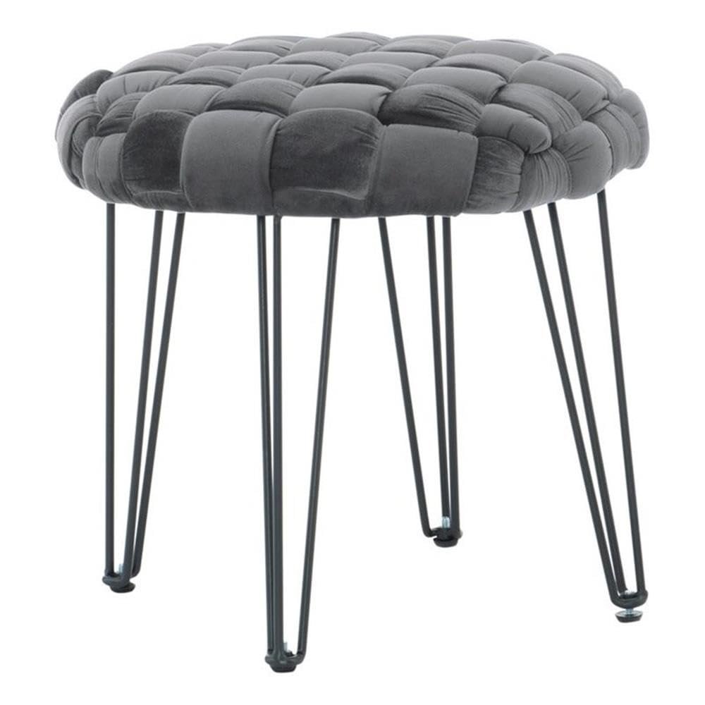Powell Linon Henson Round Stool Black Hairpin Legs Basketweave Seat in Gray