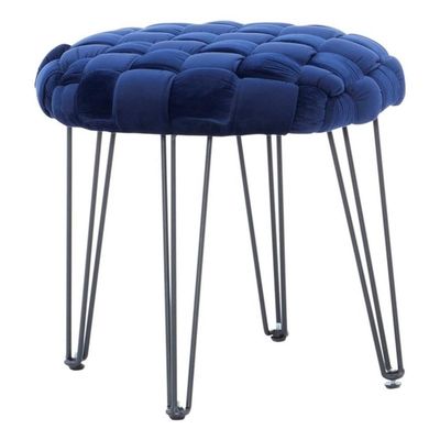 Powell Linon Henson Round Stool Black Hairpin Legs Basketweave Seat in Navy Blue Velvet