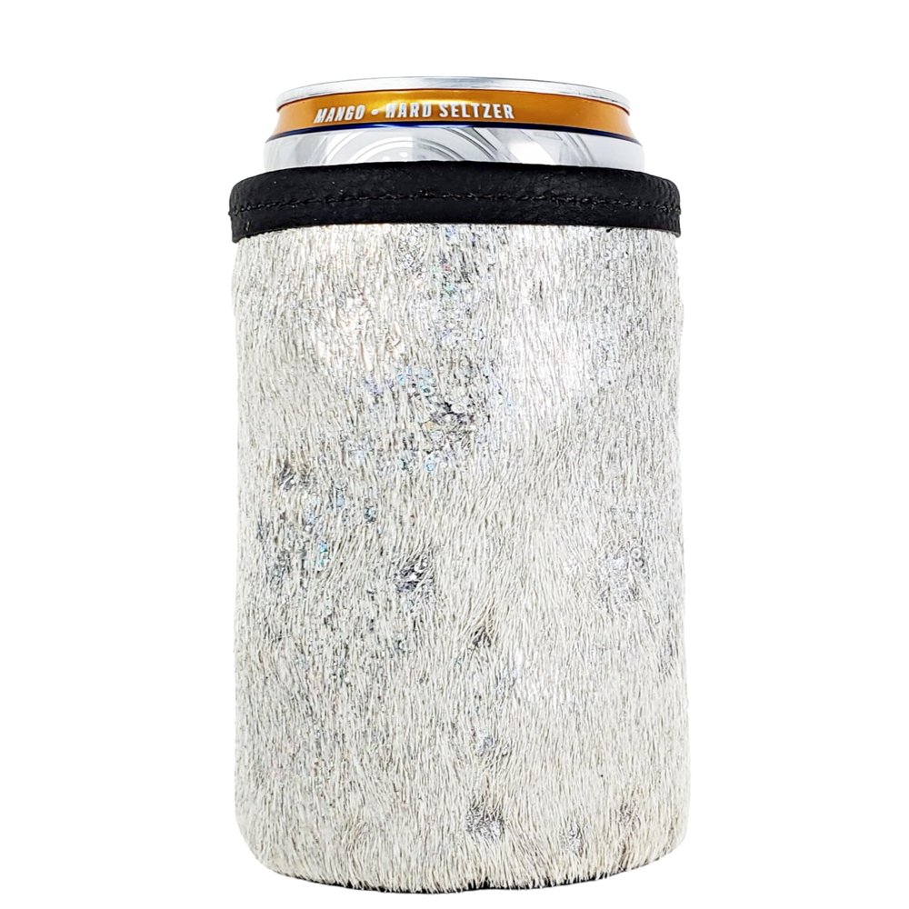 Cowhide Skinny Can, Acid Wash Cowhide, Slim Beer Holder, Drink Huggie, Leather Drink Wrap Huggie (Silver Acid Wash)