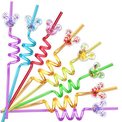 24 Glitter Mouse Ear Party Favors Reusable Drinking Straws 6 Designs Great for Theme Birthday Oh Twodles Theme Party Supplies with 2 Cleaning Brushes