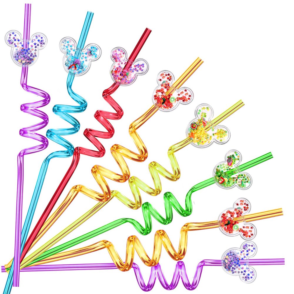 24 Glitter Mouse Ear Party Favors Reusable Drinking Straws 6 Designs Great for Theme Birthday Oh Twodles Theme Party Supplies with 2 Cleaning Brushes