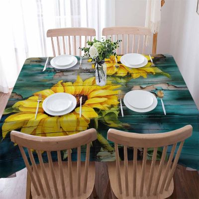 Rectangle Tablecloth Waterproof & Stainproof Tablecloths,Teal Sunflower Wipeable Table Cloth Wrinkle-Free for Round/Rectangle/Oval/Square/Dining/Party/Wedding,Retro Yellow Floral Turquoise Wood Grain