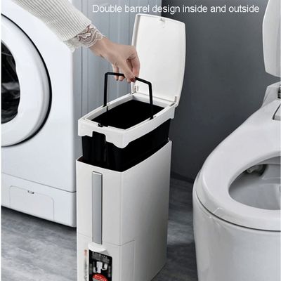 DFDFSFG Trash Can Slim Plastic Trash Can, Garbage Can with Toilet Brush HolderRectangular Modern Garbage Bin with Press Top Lid for Bathroom Wastebasket (Color : White)