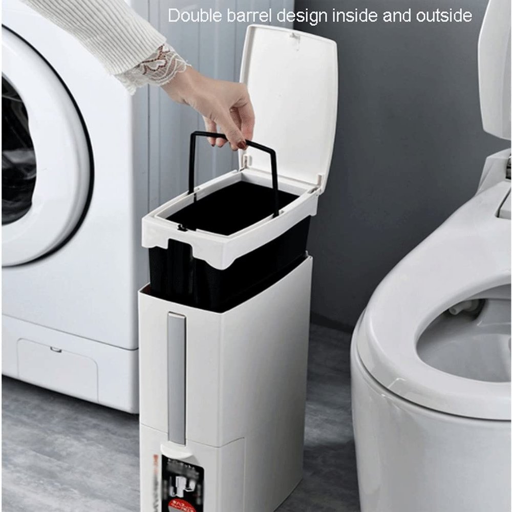 DFDFSFG Trash Can Slim Plastic Trash Can, Garbage Can with Toilet Brush HolderRectangular Modern Garbage Bin with Press Top Lid for Bathroom Wastebasket (Color : White)