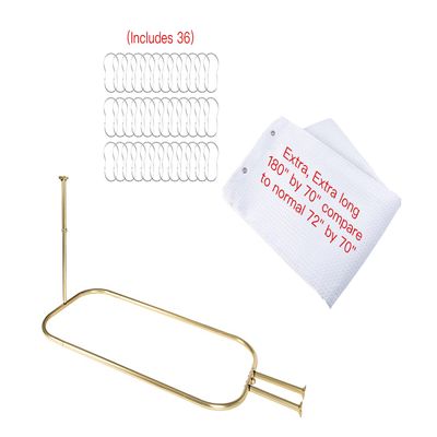 Utopia Alley Rustproof Wall Mounted Aluminum Hoop Shower Rod With Ceiling Support for Clawfoot Tub, 45.7 Inch Size by 22 Inch, Gold + White Shower Curtain 180x70inch