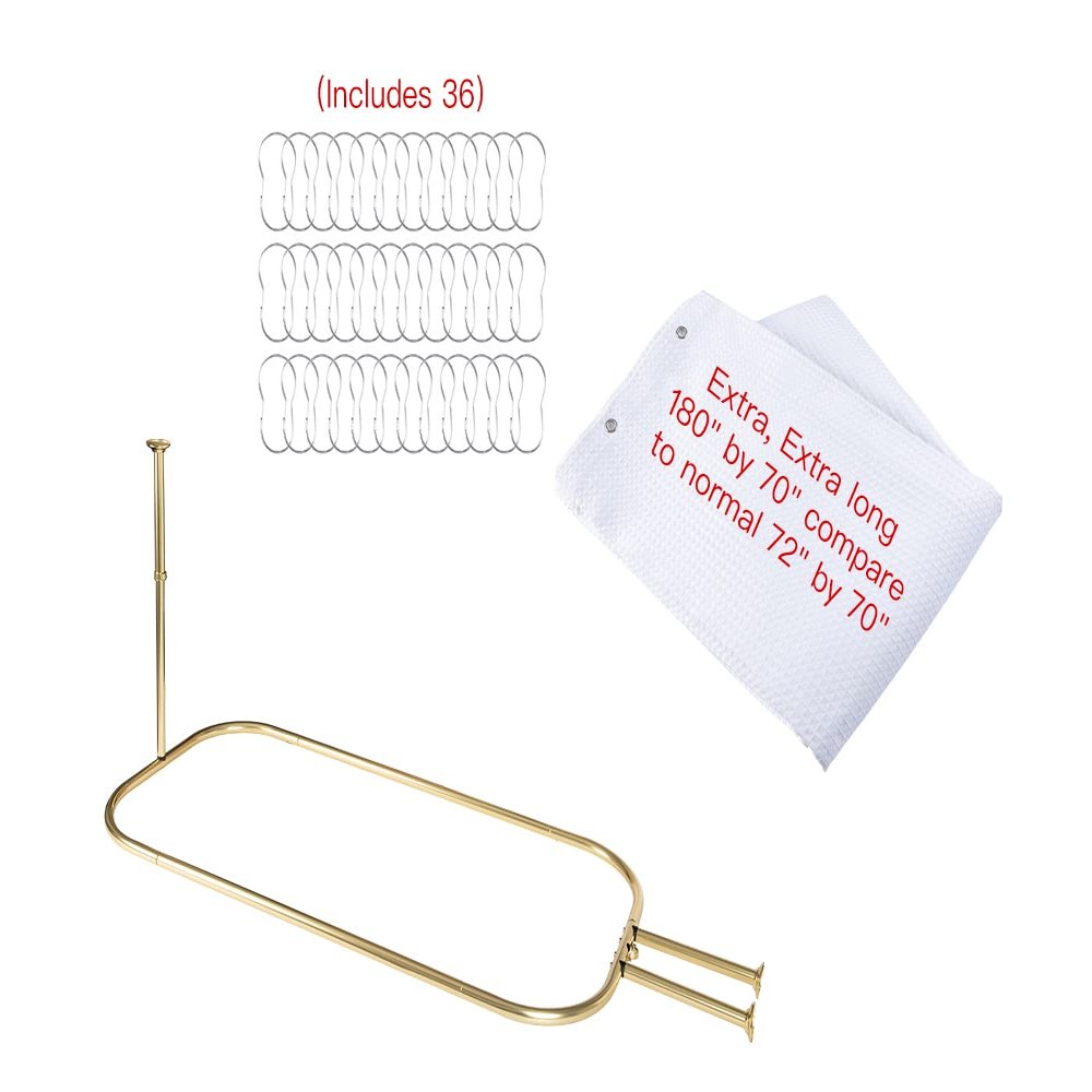 Utopia Alley Rustproof Wall Mounted Aluminum Hoop Shower Rod With Ceiling Support for Clawfoot Tub, 45.7 Inch Size by 22 Inch, Gold + White Shower Curtain 180x70inch