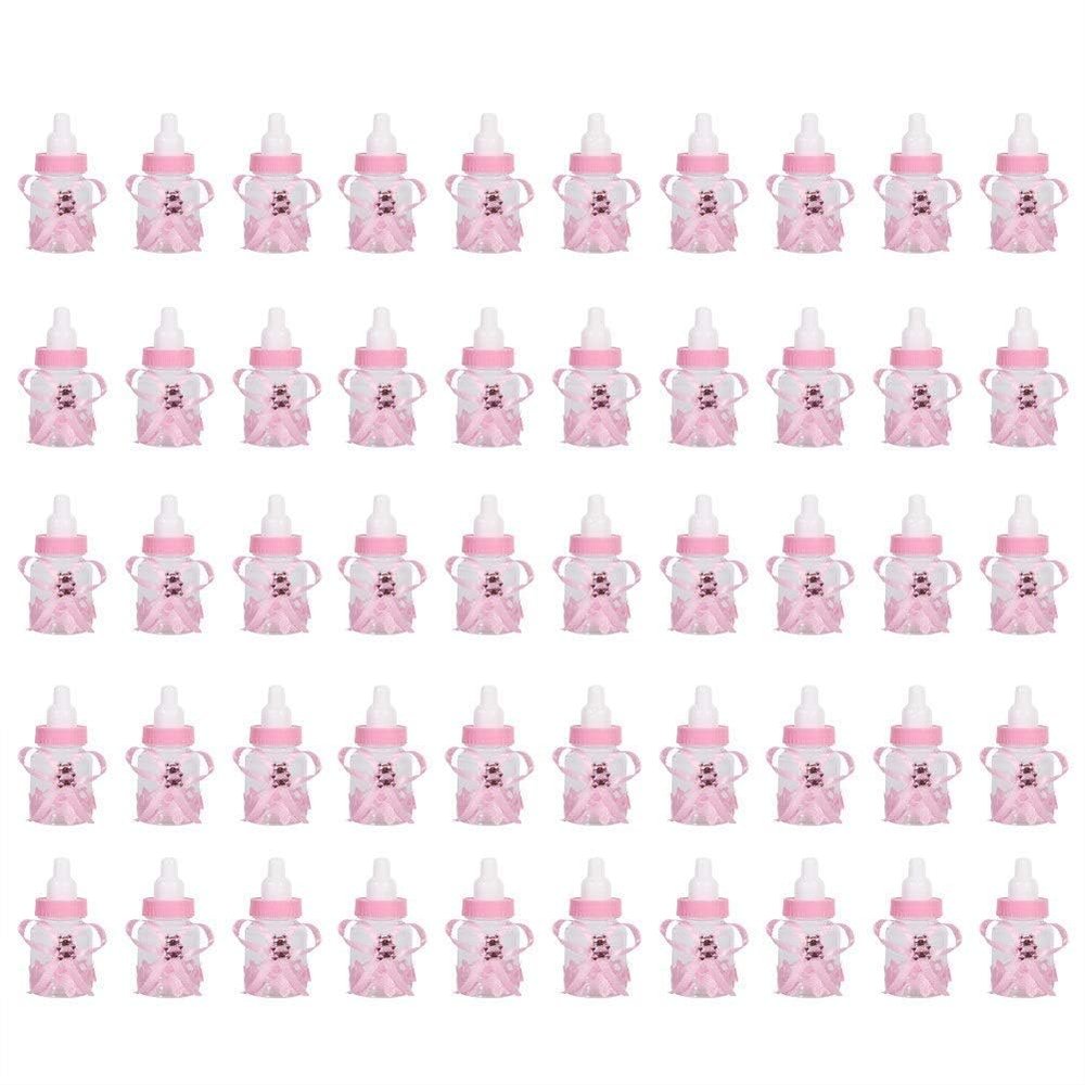 50Pcs Feeder Style Candy Bottle for Baby Shower, Mini Party Favors Fillable Candy Gift Box for Boy Girl Newborn Infant Baptism Christening Birthday Party Decoration(Pink)