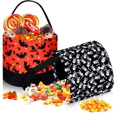 2 Pieces Trick or Treat Bags Halloween Candy Buckets Fabric Candy Tote Bags for Halloween Supplies, 2 Styles (Skull and Bat)