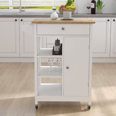 EEBUIHUI Small Kitchen Island on Wheels with Storage, White Mobile Kitchen Cart with Locking Casters, Solid Wood Top, Drawer, Adjustable Shelf & Towel Rack