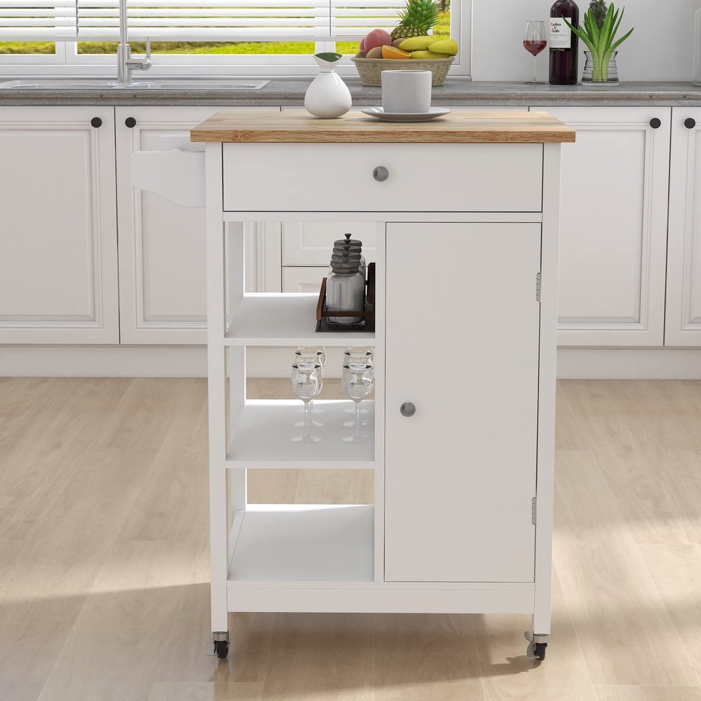 EEBUIHUI Small Kitchen Island on Wheels with Storage, White Mobile Kitchen Cart with Locking Casters, Solid Wood Top, Drawer, Adjustable Shelf & Towel Rack