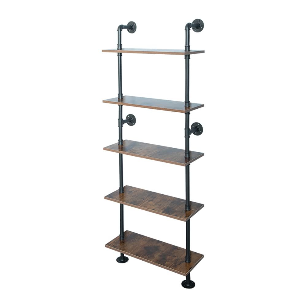 HEONITURE 5 Shelf Industrial Pipe Shelving, Black Modern Bookcase Bookshelf, Wall Mount Ladder Shelf with Metal Frame Display Selves