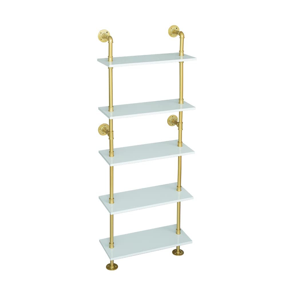 HEONITURE 5 Shelf Modern Gold Bookshelf, Wall Mount White Bookcase, Ladder Shelf with Metal Frame, Display Shelf Shelves for Living Room/Home/Office