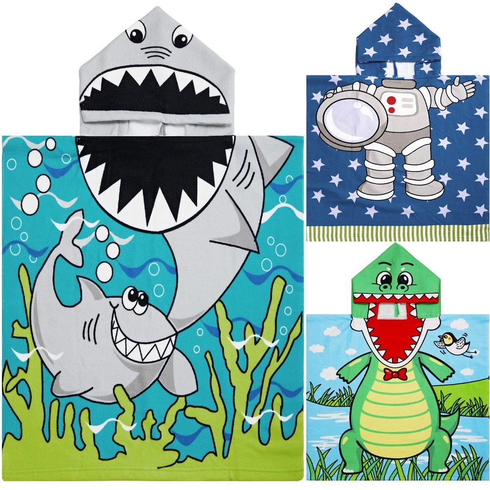 Chumia 3 Pack Kids Hooded Beach Poncho Towels Toddler Swim Pool Bath Towels with Hood Thicker Cotton Absorbent Cover up for Boys Girls Baby(47 x 24 Inch,Shark, Astronaut)