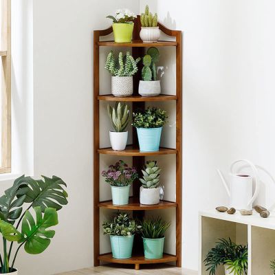 Corner Flower Shelf 5 Tier Corner Bookshelf Bamboo Multipurpose Shelving Unit Display Rack, Flower Stand Kitchen Ladder Shelf Organizer Rack For Plants, Living Room,Home,Office ( Color : Brown )