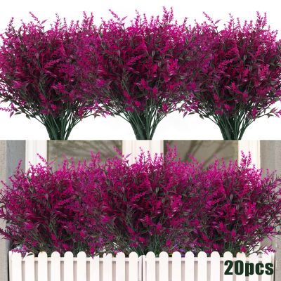 20 Bundles Artificial Flowers for Outdoor Decoration, Spring Decoration UV Resistant Faux Outdoor Plastic Greenery Shrubs Plants Artificial Fake Flowers Hanging Planter Home Garden Decor(Fuchsia)