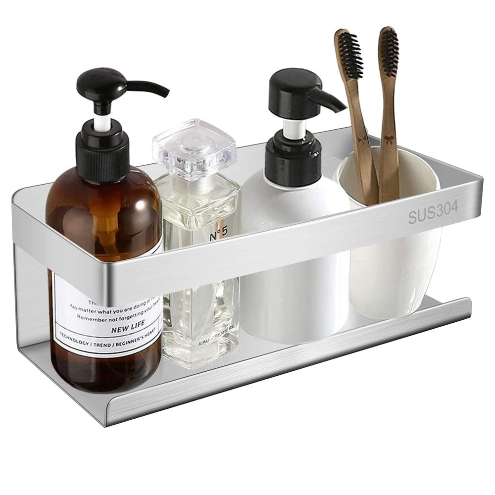 ABCHWS Self Adhesive Shower Shelf, Stick on Bathroom Shower&Kitchen Wall Shelf Storage Organiser,Steel Soap Sponge Shampoo Conditioner Holder Kitchen Rack