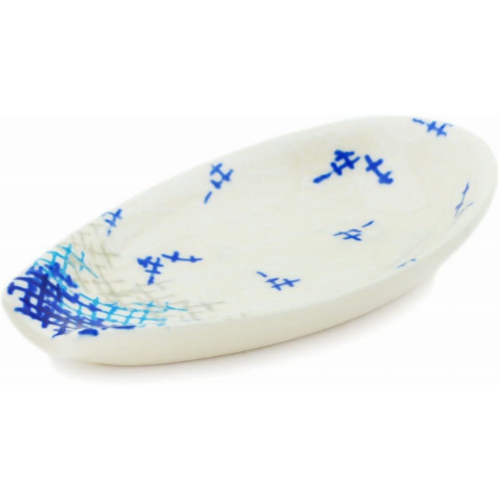 Polmedia Polish Pottery Spoon Rest - Blue Burlap Pattern Handmade in Boleslawiec Poland + Certificate of Authenticity
