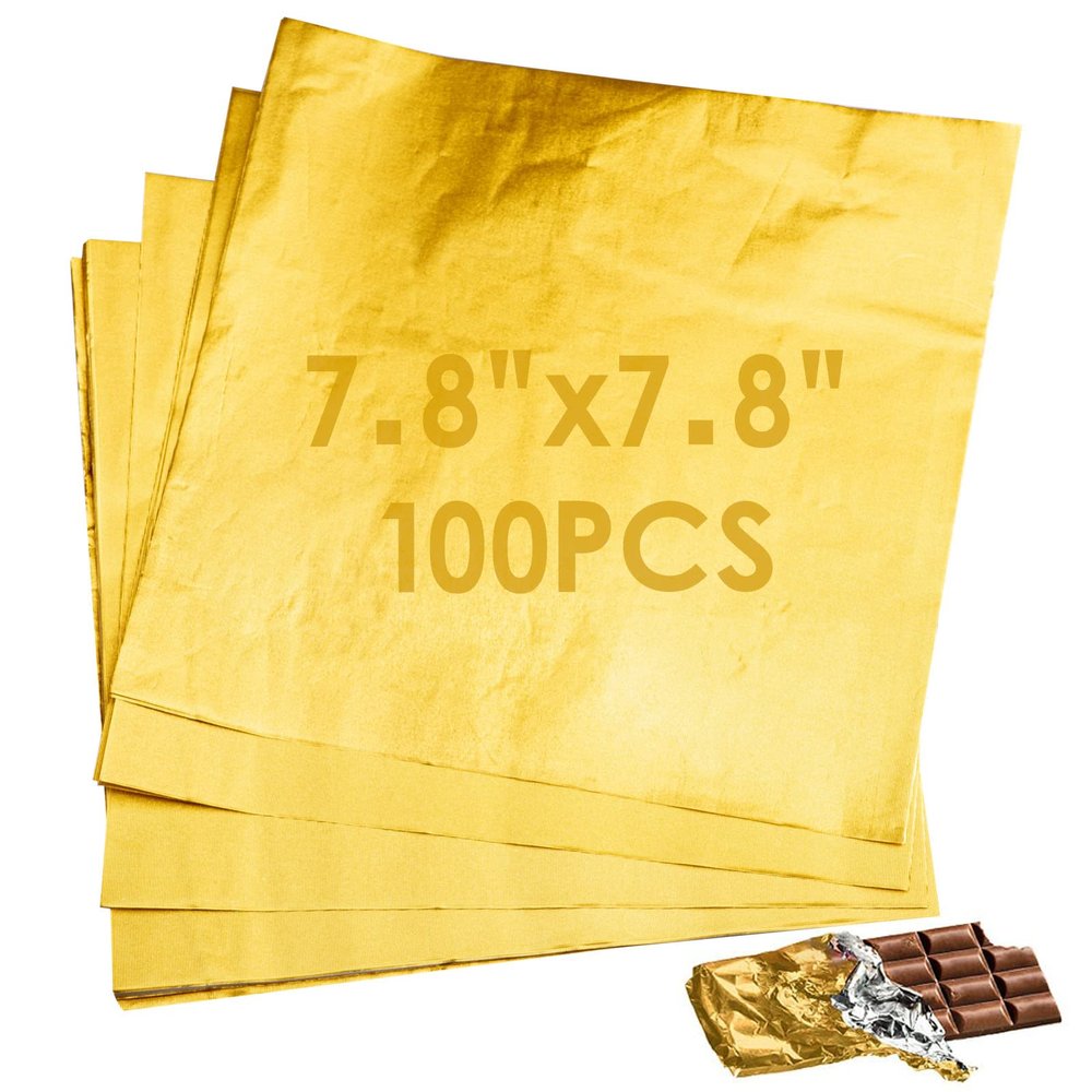 Dootafy 7.8 Inches Foil Wrapper 100pcs Large Chocolate Candy Bar Wrappers Square Gold Wrapping Papers for Protein Energy Bar Break-Apart Chocolate for Mother's Day Wedding Baby Shower Birthday