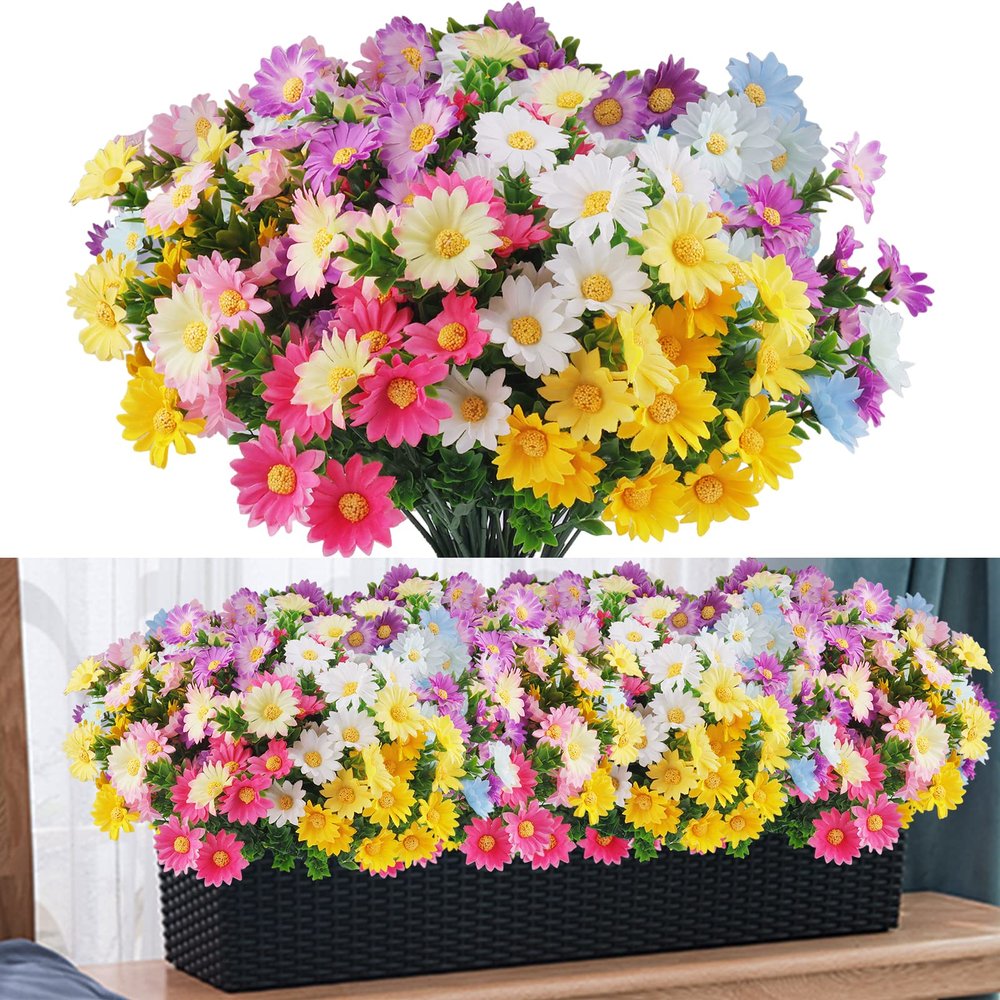 12 Bundles Artificial Fake Flowers for Outdoor Decoration,UV Resistant Faux Plastic Fabric Greenery Shrubs Plants Fake Flowers Hanging Planter Kitchen Home Wedding Office Garden