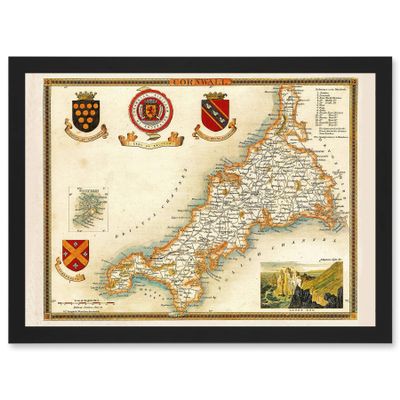 Artery8 Map Antique Moule 1850 Cornwall County England UK Artwork Framed Wall Art Print A4