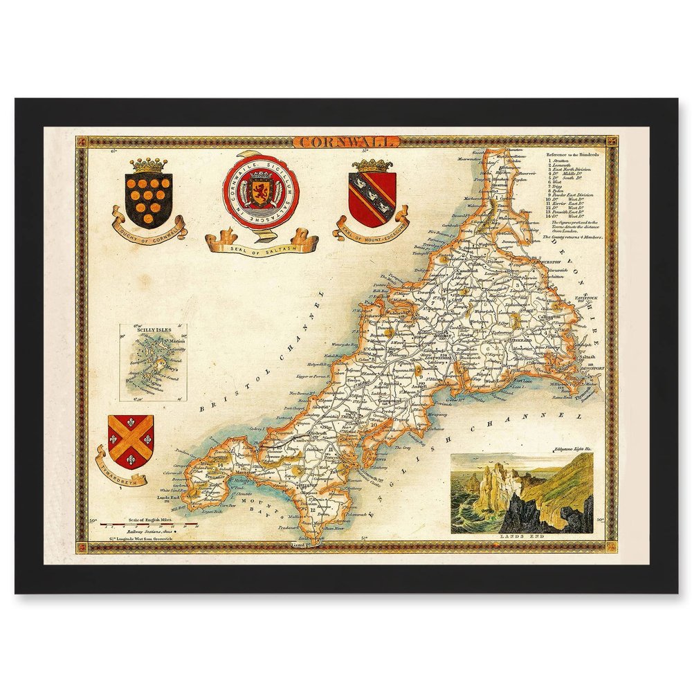 Artery8 Map Antique Moule 1850 Cornwall County England UK Artwork Framed Wall Art Print A4