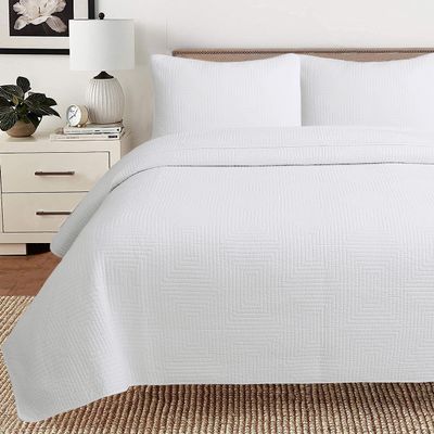 2 Piece 100% Cotton Twin Size Quilt Set, Square Maze Solid White Reversible Bedding Bedspread Coverlet