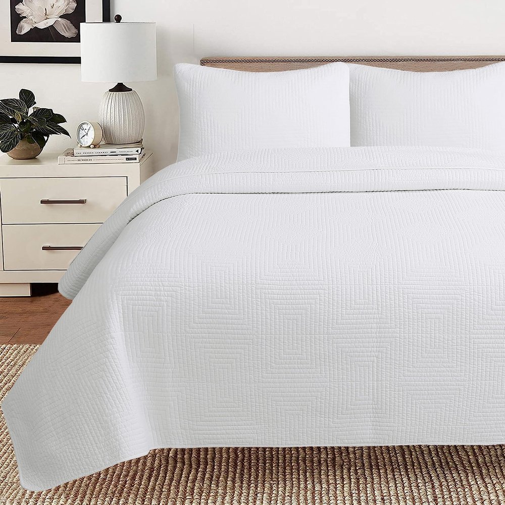 2 Piece 100% Cotton Twin Size Quilt Set, Square Maze Solid White Reversible Bedding Bedspread Coverlet