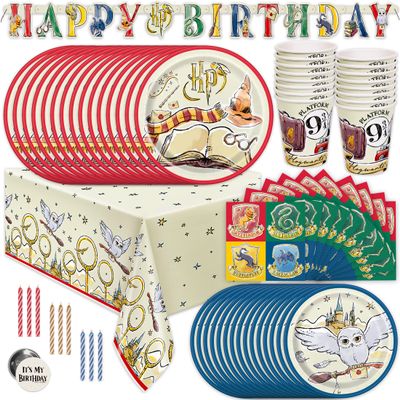 Harry Potter Birthday Decorations | Harry Potter Party Decorations | Serves 16 Guests | Table Cover, Banner, Dinner and Cake Plates, Napkins, Cups, Candles, Button | Officially Licensed