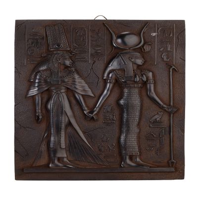 Ancient Egyptian Art Wall Relief Queen Nefertari being Led by Isis black heavy stone made in Egypt.