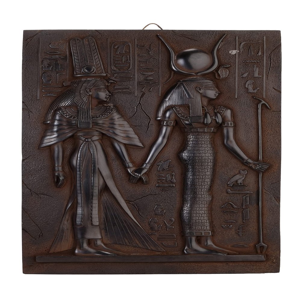 Ancient Egyptian Art Wall Relief Queen Nefertari being Led by Isis black heavy stone made in Egypt.