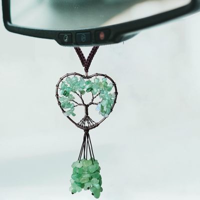 DUQGUHO Green Aventurine Crystal Rearview Mirror Hanging Ornament - Heart Shape Hippie Boho Car Accessory - Spiritual Decorations