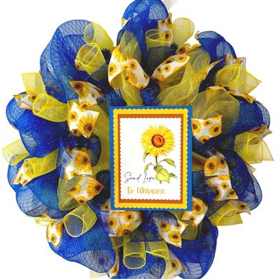 Send Love to Ukraine Handmade Deco Mesh Wreath. Available in 24 inch and 28 inch diameters