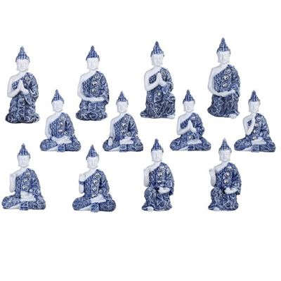 ICE ARMOR 12-Piece Blue and White Miniature Buddha in Different Poses 3.5"H Statue Feng Shui Decoration Figurine Set Office Desk/Home/Living Room/Table Decor, Perfect house warming gifts for new home