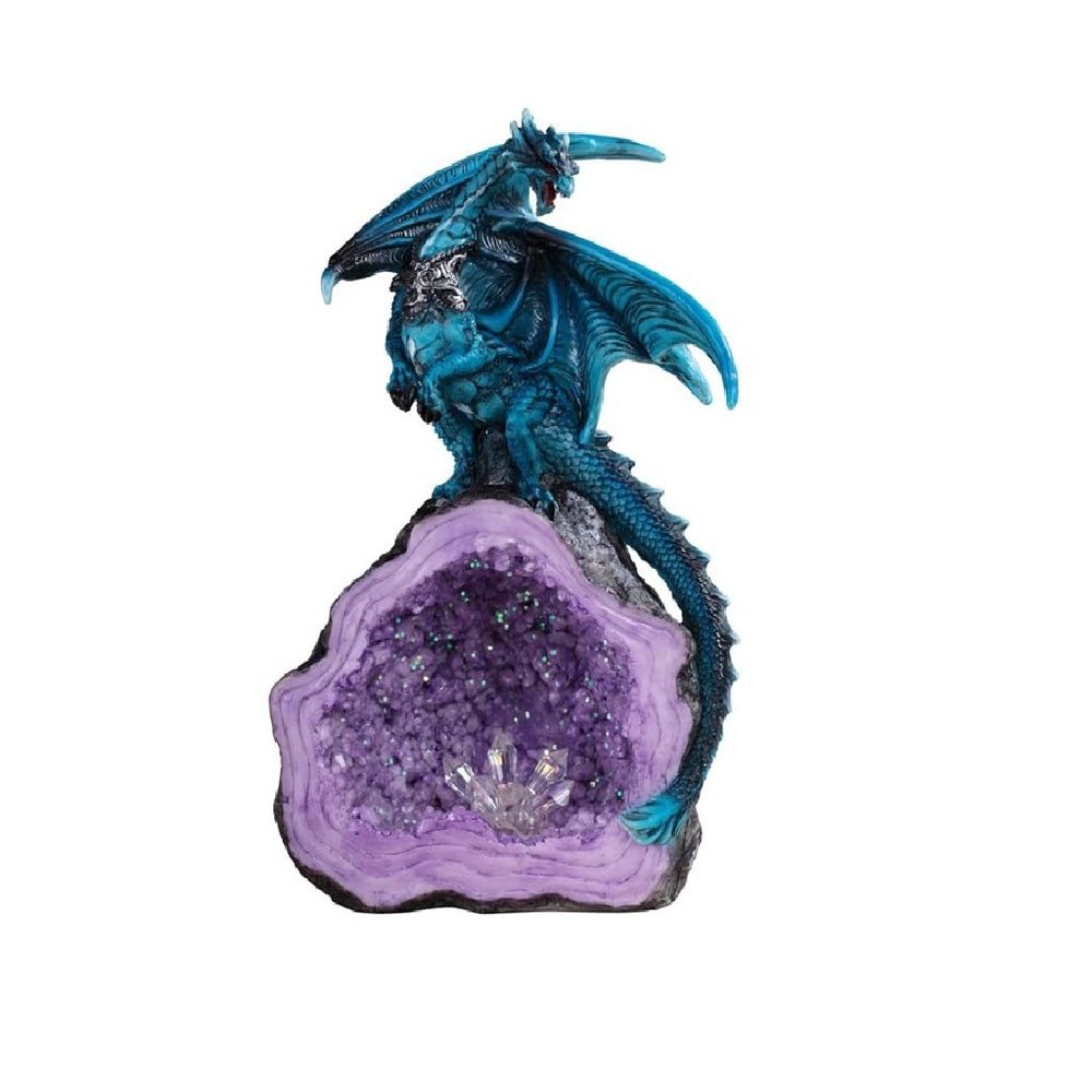 ICE ARMOR 8" H Blue Dragon Guarding Purple Faux Crystal Cave Statue Fantasy Decoration Figurine